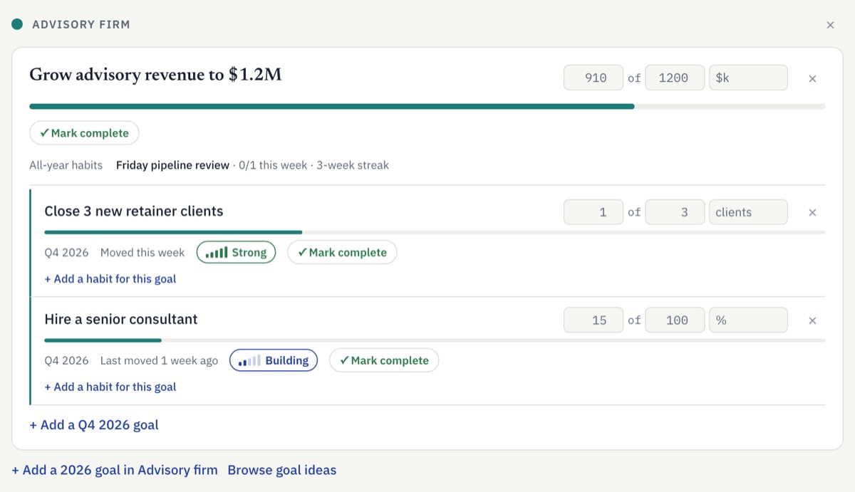 Goals view: an annual revenue goal with two quarterly goals and their progress
