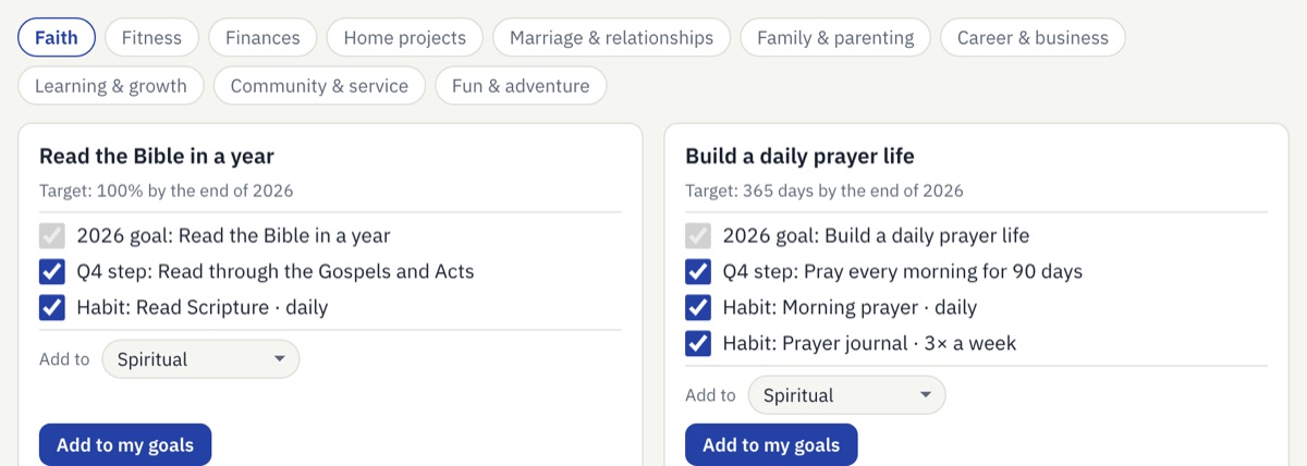 Goal ideas view: themed starter goals with a quarterly step and habits