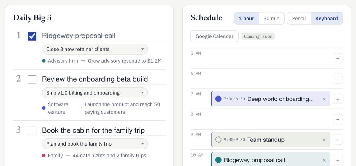 Today view: daily Big 3 next to an hourly schedule