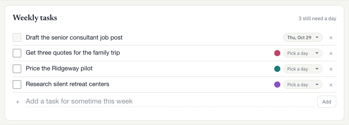 Weekly task list with a day picker for each task