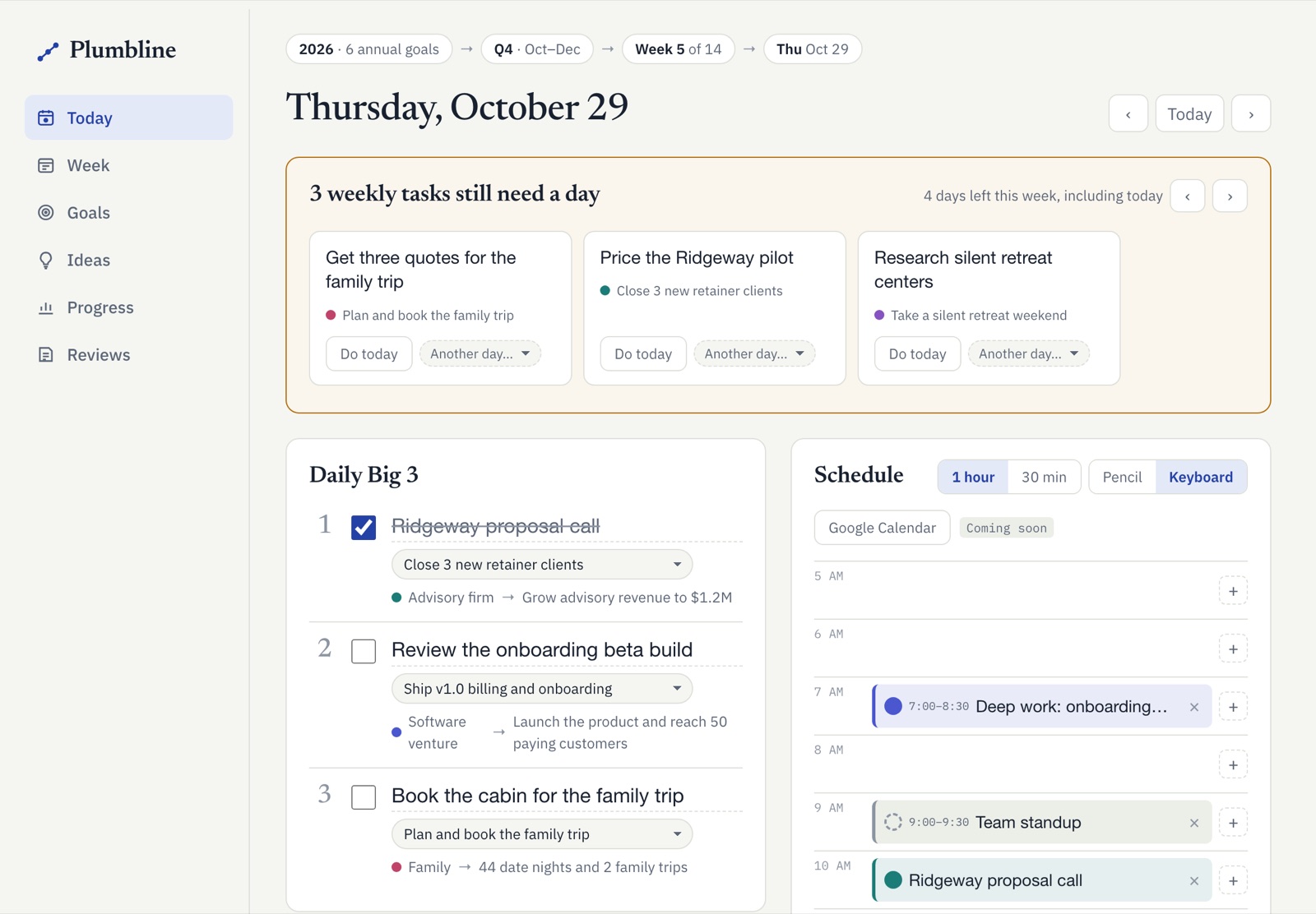 Plumbline's Today view: the year, quarter, week and day on one line, weekly tasks to schedule, a daily Big 3 linked to goals, and an hourly schedule